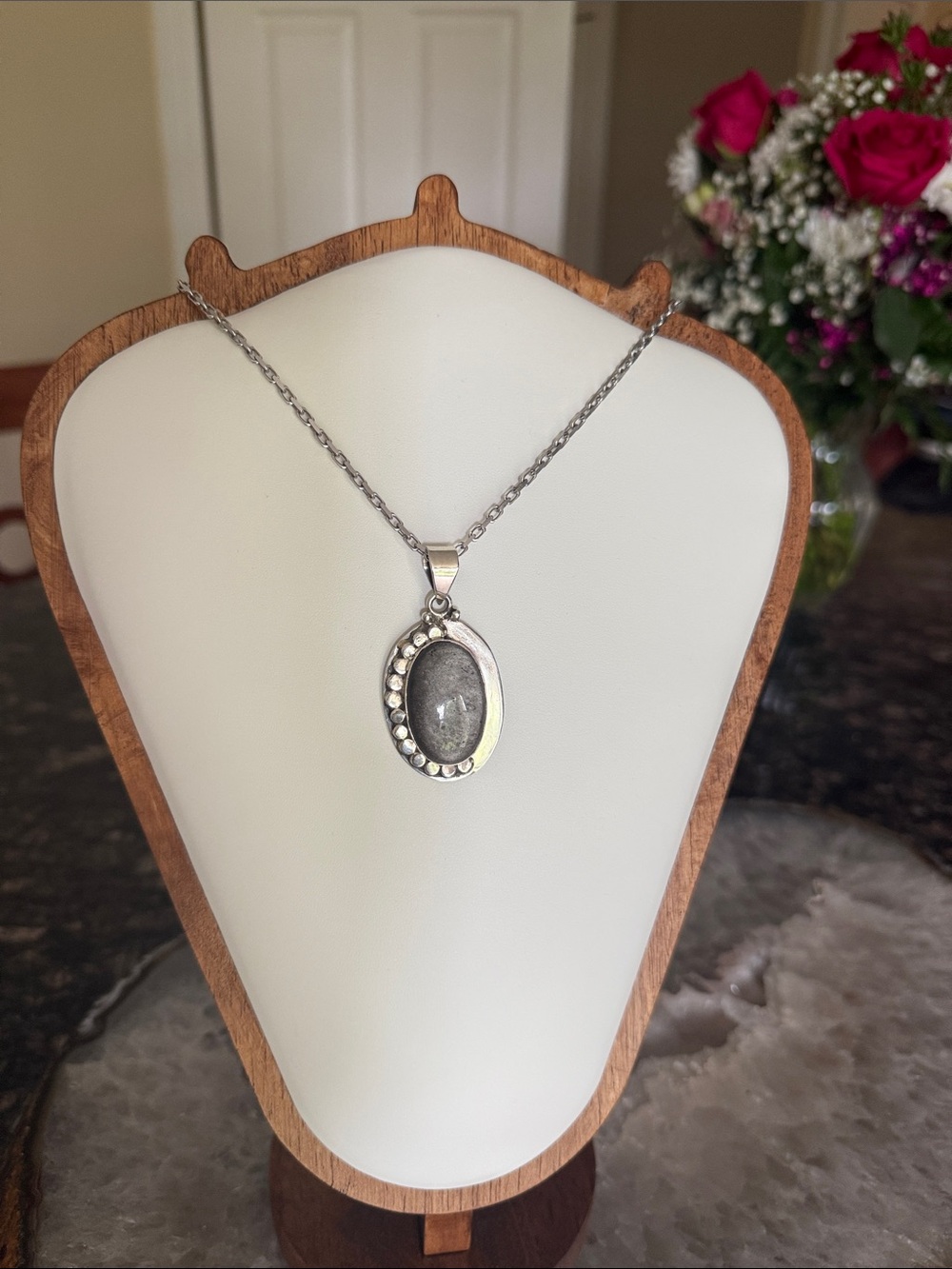 Sterling Silver Oval Silver Sheen Obsidian Stone Pendant